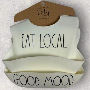 NWT Rae Dunn Baby by Magenta Set‎ of Two Silicone Bibs Eat Local Good Mood White